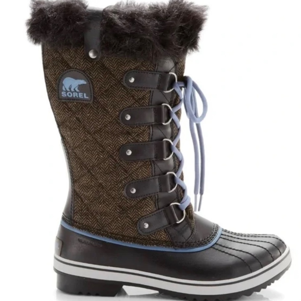 Sorel Tofino Winter Boots, Brown Herringbone, Blue Accents, Waterproof, size 7.5
